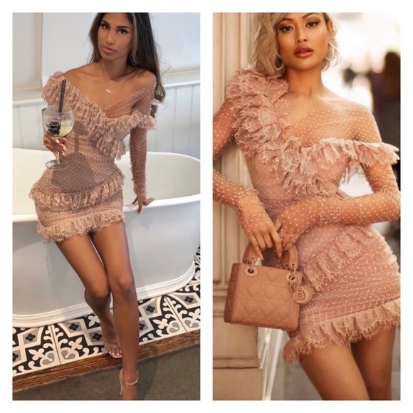 HOUSE OF CB Sorrel Blush Pink Off the Shoulder Lace Ruffle Mini Dress Large NWT - Picture 3 of 16